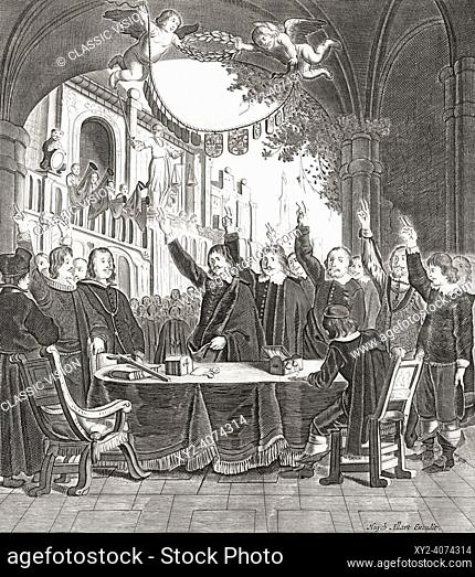 Delegates swearing the Oath of Ratification of the Peace of Munster, May 16, 1648, which ended the Eighty Years War between Spain and the Netherlands