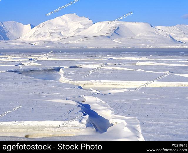 Landscape at frozen Groenfjorden, Island of Spitsbergen, part of Svalbard archipelago. Arctic region, Europe, Scandinavia, Norway, Svalbard