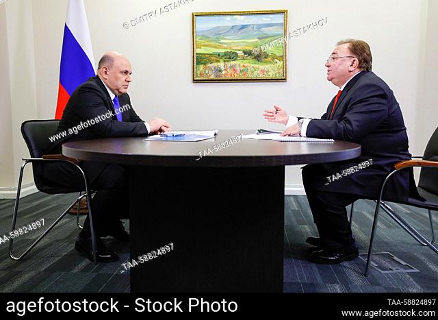 RUSSIA, MINERALNYE VODY - MAY 3, 2023: Russia's Prime Minister Mikhail Mishustin (L) and Makhmud-Ali Kalimatov, head of the Republic of Ingushetia