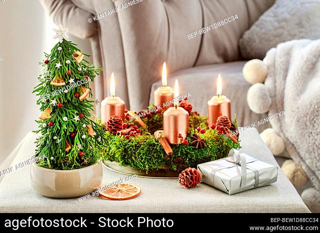 Christmas tree made of thuja twigs and advent wreath made of moss, cinnamon sticks and rosa canina twigs. Festive decor