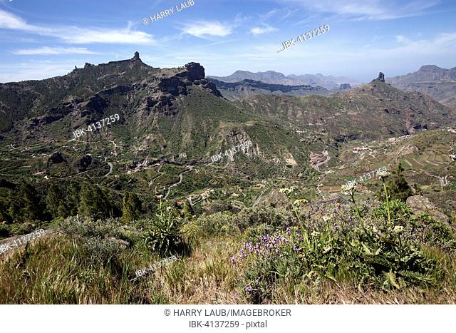 View from Cruz de Tejeda to the mountains, to Barranco de Tejeda and to Roque Bentayga, Gran Canaria, Canary Islands, Spain