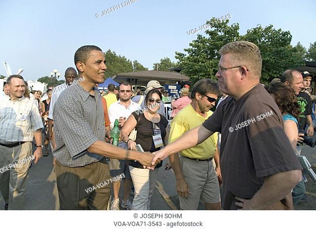 U.S. Senator Barak Obama shaking hands while campaigning for President at Iowa State Fair in Des Moines Iowa, August 16, 2007