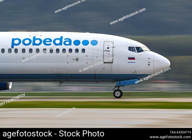 RUSSIA, SOCHI - NOVEMBER 2, 2023: A Boeing 737-800 plane of Pobeda speeds along a runway at Sochi International Airport named after Soviet cosmonaut Vitaly...