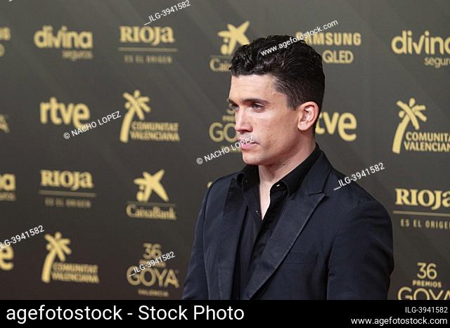 Jaime Lorente attends to Goya Cinema Awards 2022 red carpet at Palau de les Arts photocall on February 12, 2022 in Valencia, Spain