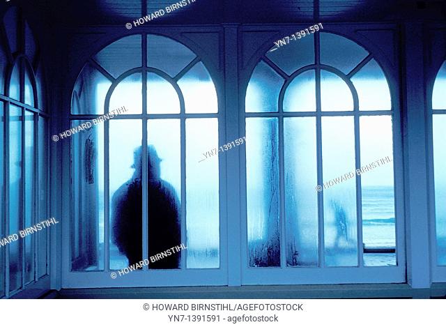 Silhouetted figure seen through wet misty glass arches in a scene invoking mystery and wonder
