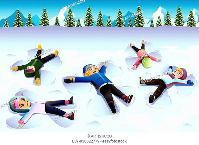 A vector illustration of Children Doing Snow Angel During the Winter