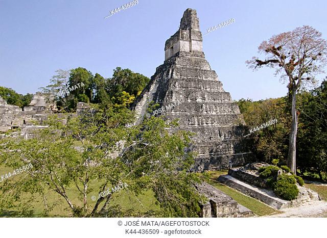 Ball court and Temple I, Great Jaguar. 700 d.c. Mayan ruins of Tikal. Peten region, Guatemala