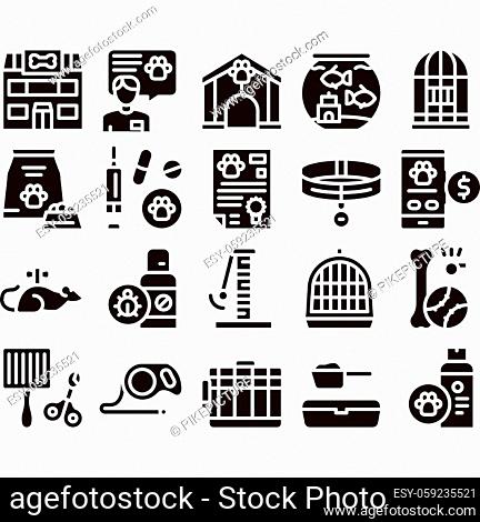 Pet Shop Collection Elements Icons Set Vector Thin Line. Shop Building And Aquarium, Bowl And Collar, Gaming Accessory And Medicaments Glyph Pictograms Black...