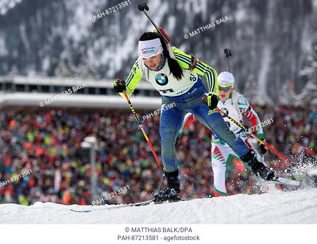 Hungarian biathlete Emoke Szocs participates in the women's 7, 5 km sprint within the Biathlon World Cup at the Chiemgau Arena in Ruhpolding, Germany
