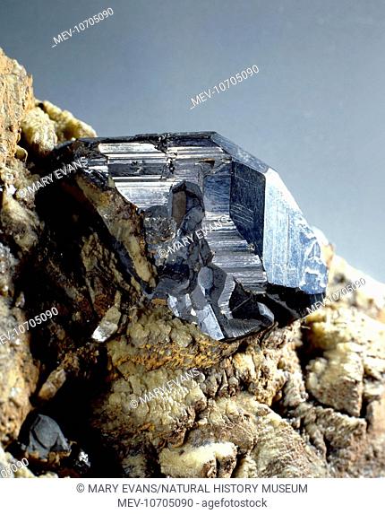 Stephanite comprises of (silver antimony sulphide) and is a minor silver ore. Specimen from Wheal Newton, Harrowbarrow, near Calstock, Cornwall