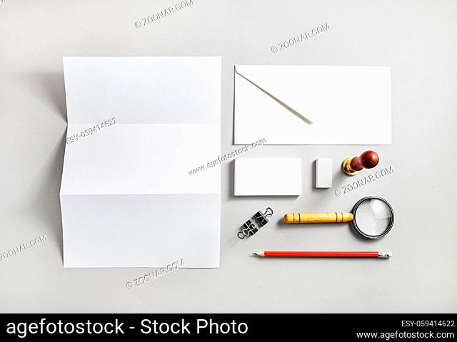 Stationery mock up on paper background. Responsive design template. Branding identity mock up. Flat lay