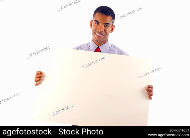 African American / Hispanic Business Man Displaying a Banner Ad. - Isolated over a white background