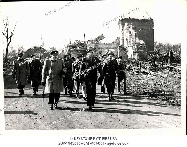 Mar. 07, 1945 - Mr. Churchill In Germany Visit To Ruins Ob Julich: Photo Shows Dr. Churchill walking with General Silicon, C-in-C.U.S