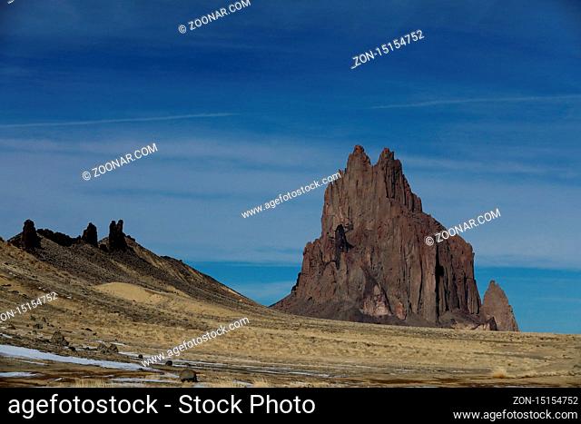 Shiprock, the great volcanic rock mountain in desert plane of New Mexico