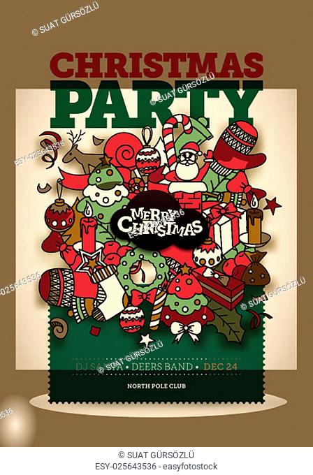 Vector Christmas Party poster design party. Hand drawn doodles with pastel Christmas colors. Global colors. Easy editable