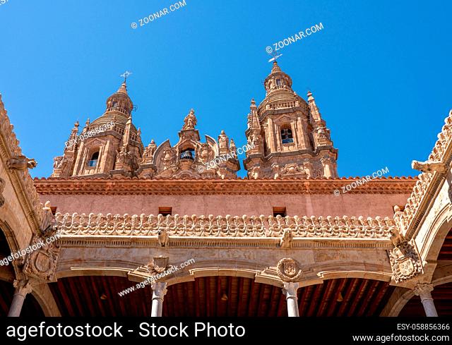 Ornate stone carvings on the Casa de la Conchas or shells around the courtyard with Clericia church in Salamanca