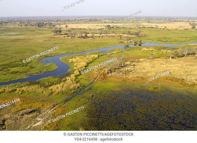Aerial view of the Okavango Delta, Botswana. The vast inland delta is formed from the Okavango River. This flows into the Delta