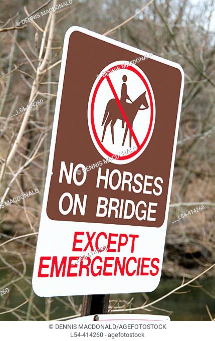 Big Cedar Point Recreational area Cleveland Ohio Metroparks sign no horses on bridge except in emergency