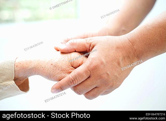 Caregiver holding hands Asian elderly woman patient, help and care in hospital