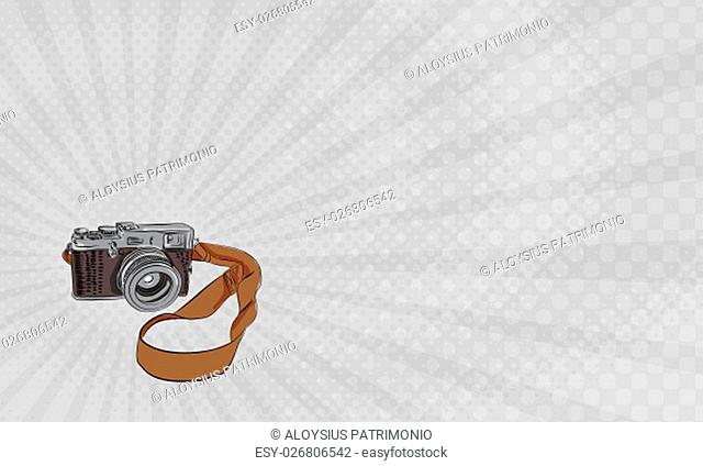 Business card showing Drawing sketch style illustration of a vintage camera with strap viewed from front set on isolated white background