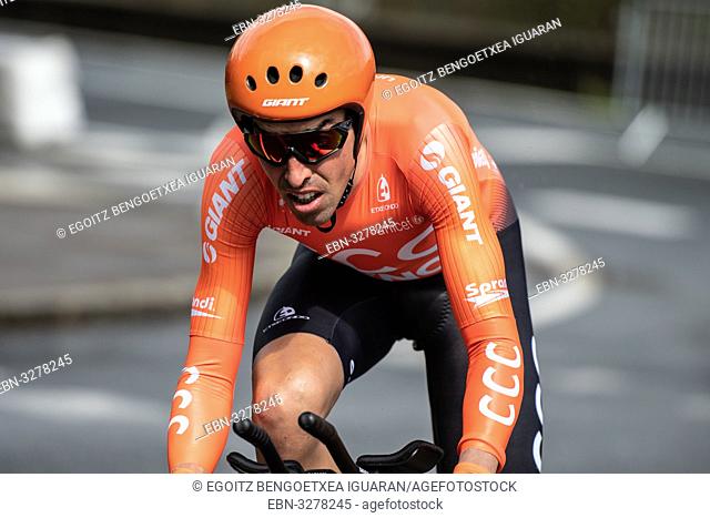 Victor de la Parte at Zumarraga, at the first stage of Itzulia, Basque Country Tour. Cycling Time Trial race
