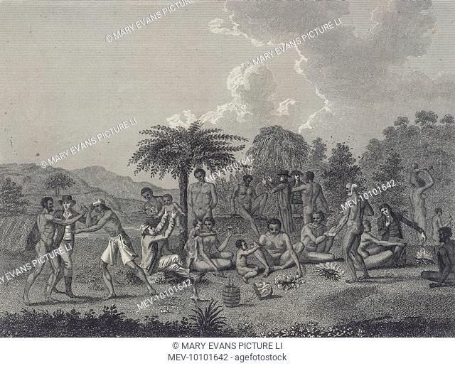 Men of Cape Maria van Diemen, at the very north of North Island, entertain some French travellers to an alfresco meal