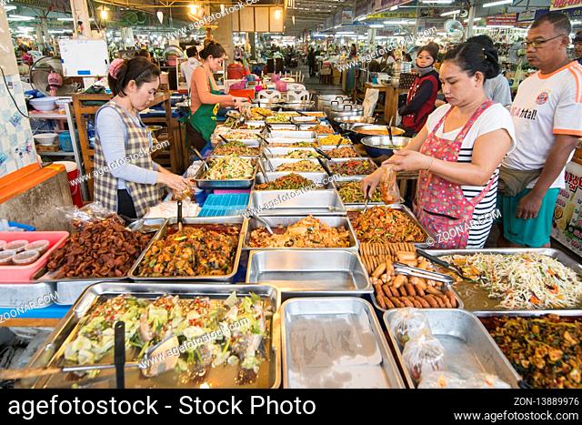 Curry and Thai Food at the Local morning Food Market in the city of Pattaya in the Provinz Chonburi in Thailand. Thailand, Pattaya, November, 2018