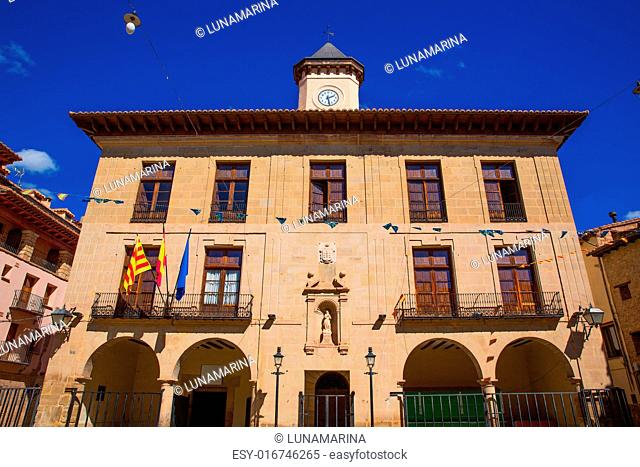 Mora de Rubielos in Teruel City Town Hall square at Aragon stonewall village Maestrazgo Spain