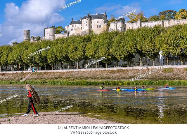 Kayaking on the banks of Vienne River, the City and the Royal Fortress of Chinon. Indre-et-Loire, Central Region, Loire Valley, France, Europe