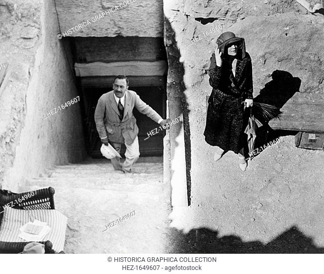 Visitors to the Tomb of Tutankhamun, Valley of the Kings, Egypt, 1923. Mr Stephen Vlasto and Lady Ribblesdale at the entrance to the tomb