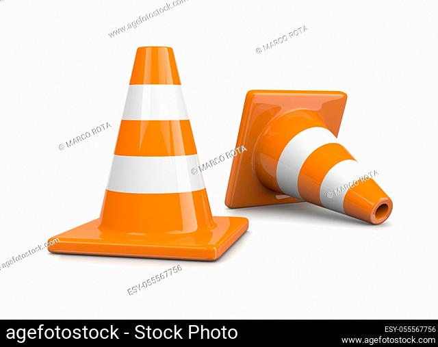 Two Orange Traffic Cones on White Background