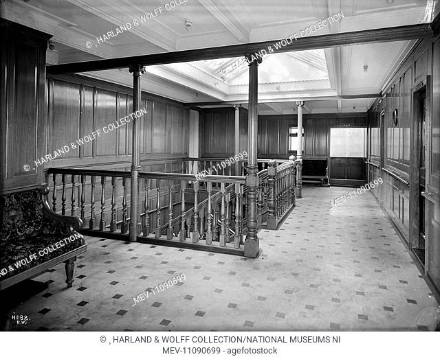 First class staircase and landing. Ship No: 392. Name: Pericles. Type: Passenger Ship. Tonnage: 10924. Launch: 21 December 1907. Delivery: 4 June 1908