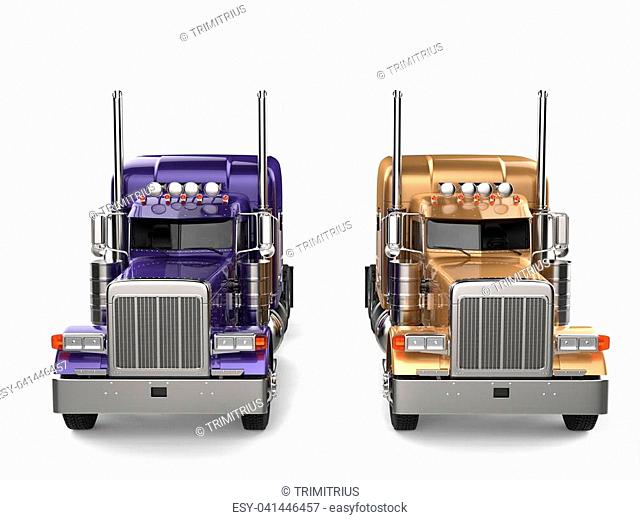 Purple and gold big semi - trailer trucks - side by side - front view