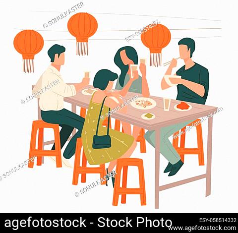 Friends eating at Chinese restaurant, people spending time drinking and tasting food. Oriental cuisine and beverages. Colleagues or partners