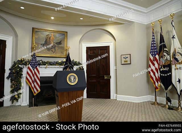 Empty podium prior to United States President Joe Biden delivering remarks urging the US Congress to pass his national security supplemental request