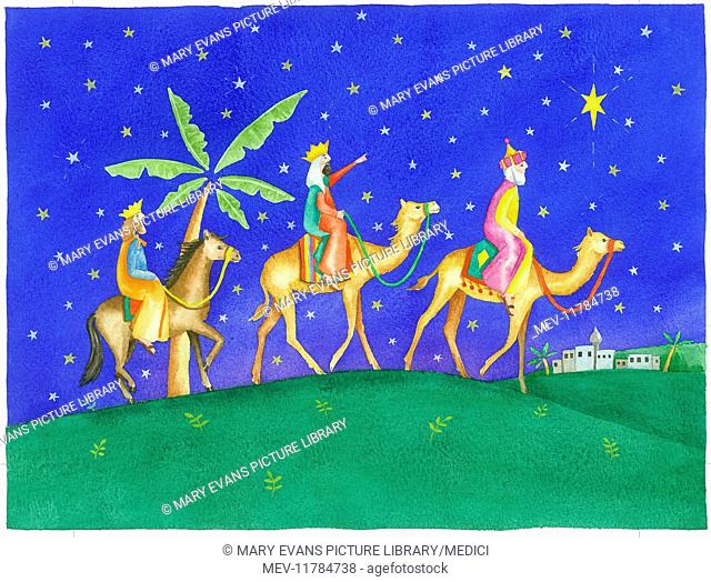 Three Kings, two on camels and one on a horse, with Palm Trees and distant town of Bethlehem with a starry night sky