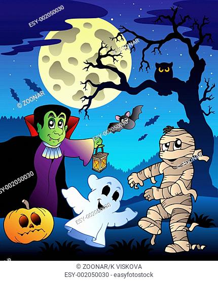 Scene with Halloween tree 4 - color illustration