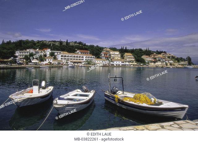 Greece, Corfu, Kassiopi,  Harbor, boats,   Ionic islands, island, vacation island, place, Ionic sea, motorboats, fisher boats, summer, sun, mediterran, climate