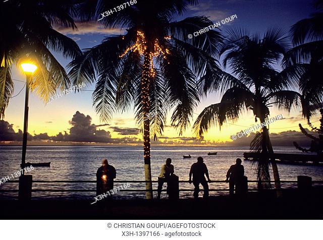 hommes assis au bord de l'ocean au crepuscule Ile de la Martinique Departement et Region d'Outremer francais Archipel des Antilles Caraibes//men sitting by the...