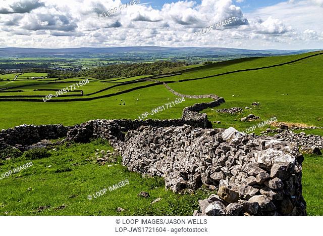 Traditional stone walls on the hills of North Yorkshire seen along the Ingleton waterfalls trail during the spring