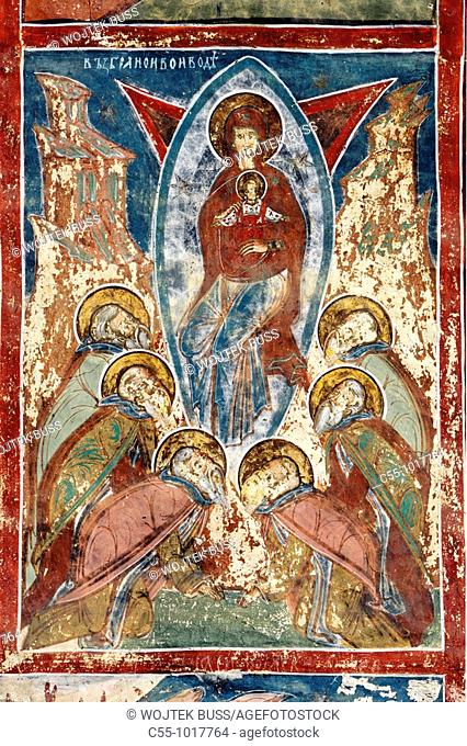 Romania, Moldavia Region, Southern Bucovina, Humor Monastery, Frescos, wall paintings, biblical scenes