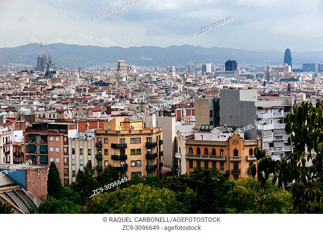 View from Montjuic Hill towards Sagrada Familia church and Torre Glòries (before Torre Agbar), Barcelona, Catalonia, Spain