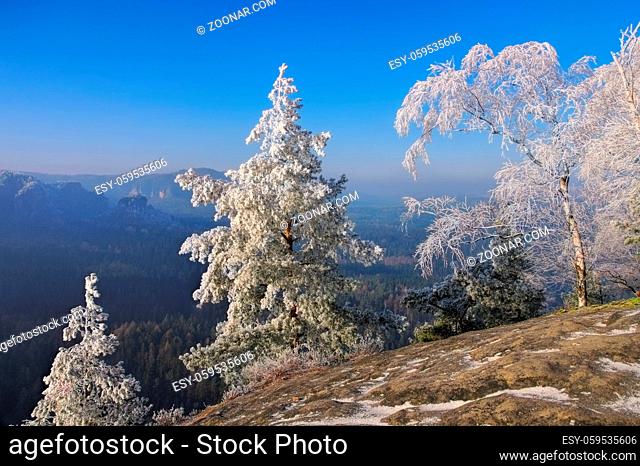Elbsandsteingebirge im Winter Blick vom Teichstein - Elbe sandstone mountains in winter and hoarfrost, view from mountain Teichstein