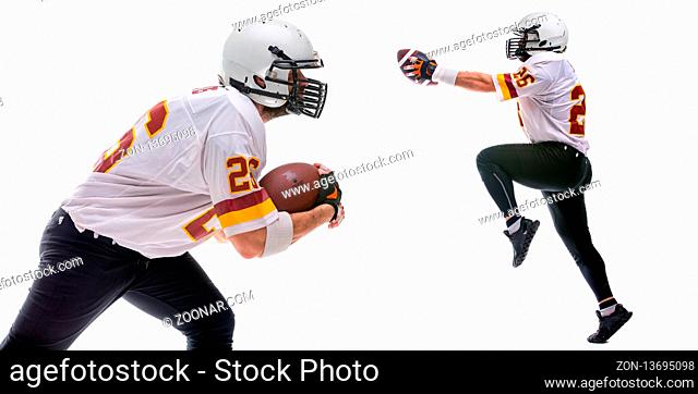Bearded American football player in white uniform, in action, isolated on white background