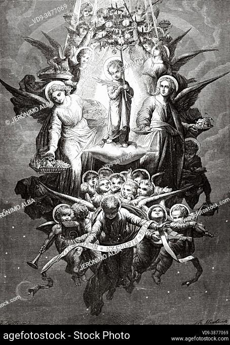 Allegory of Christmas, painting by Teodoro Mintuyo. Old 19th century engraved illustration from La Ilustración Artística 1882