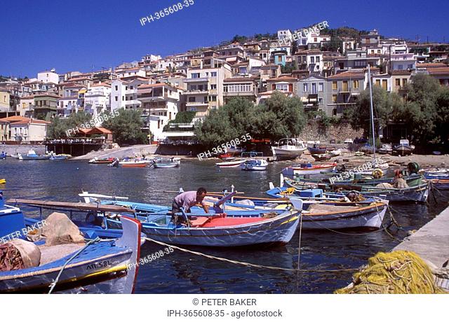 Lesbos - The picturesque fishing harbour and town of Plomari