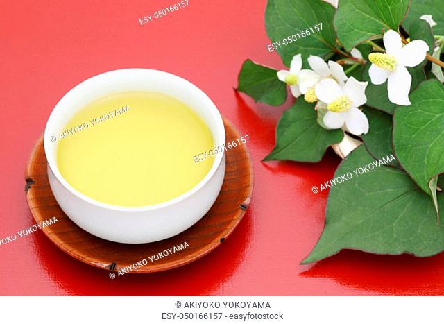Houttuynia cordata tea, healthy dokudami drink, on table