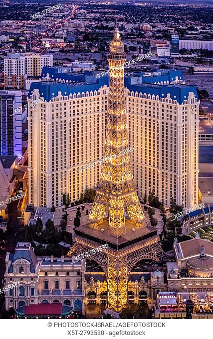Aerial view of Paris Hotel and Casino the Strip, Las Vegas, Nevada, USA