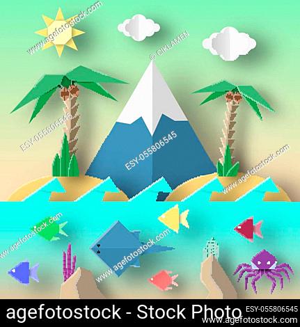 Origami Style Crafted out of Paper with Cut Mountains, Octopus, Stingray, Fish, Sun, Sky. Abstract Underwater Life. Template Under the Water Cutout Elements