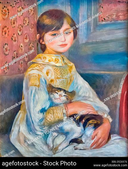 Julie Manet with cat 1887 by Artist Pierre-Auguste Renoir (1841–1919). Berthe Morisot and her husband Eugene Manet, brother of the painter
